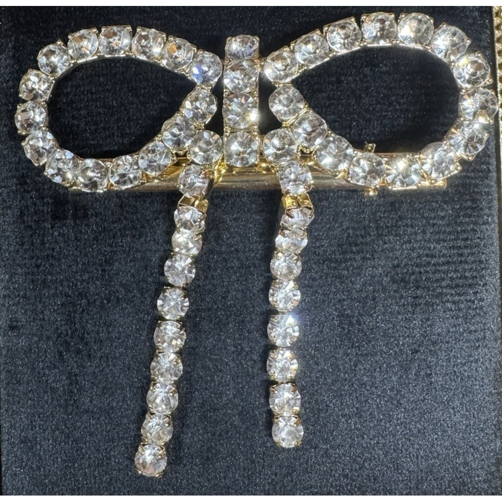 Vintage Rhinestone Bow Brooch‎ Dangle Drop Clear Crystal Gold Tone Statement